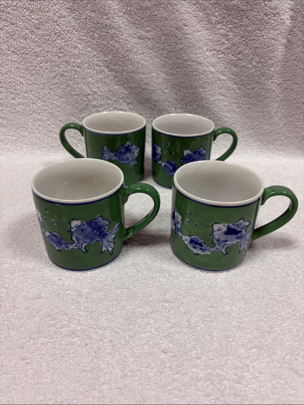 April Cornell Green Ceramic Mugs with Blue koi Fish Motif - Set of 4